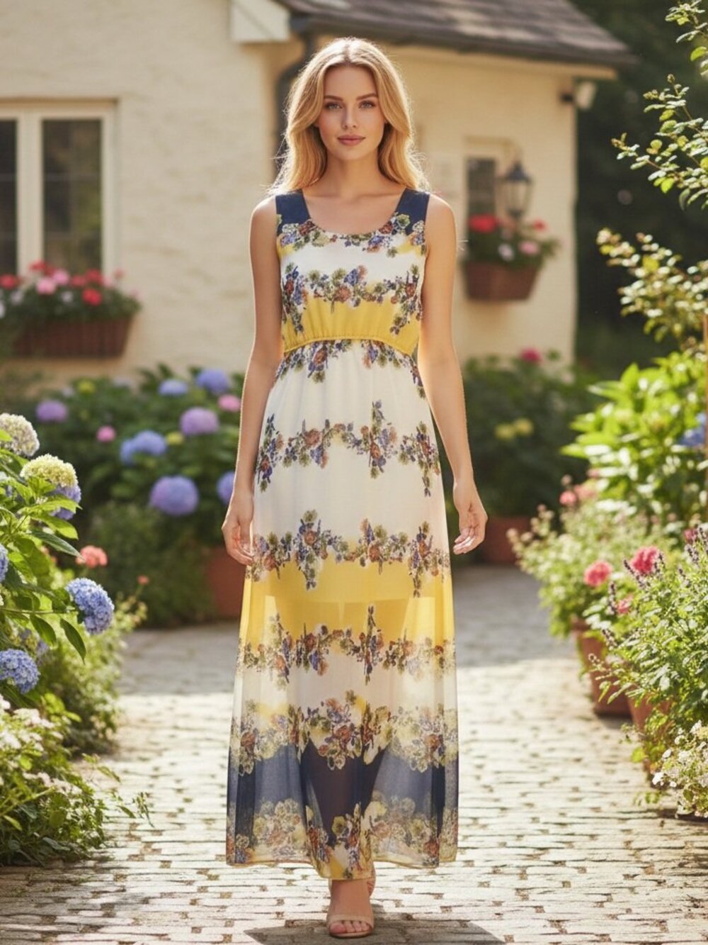 Floral Maxi Dress Sleeveless A Line Cottagecore Romantic Feminine Yellow - Picture 5 of 8